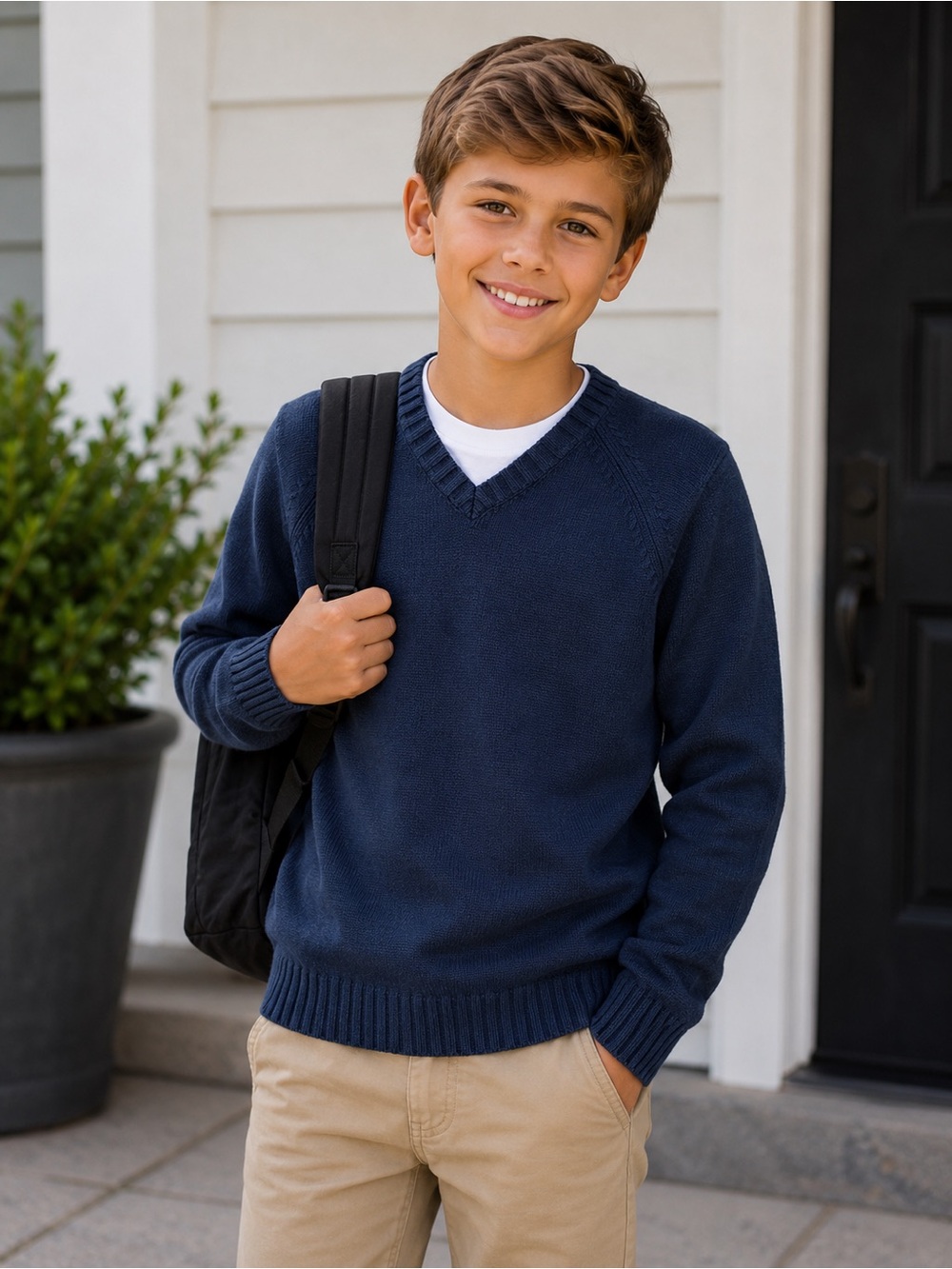 Lands’ End Kids Navy Knit V-Neck Sweater Sz 10/12